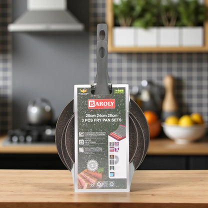 Baroly 3 Pcs Fry Pan Set (20cm, 24cm, 28cm) | Non-Stick Marble Coating | Induction & Oven Safe | Durable Aluminum Cookware with Soft-Touch Handles - Damoo