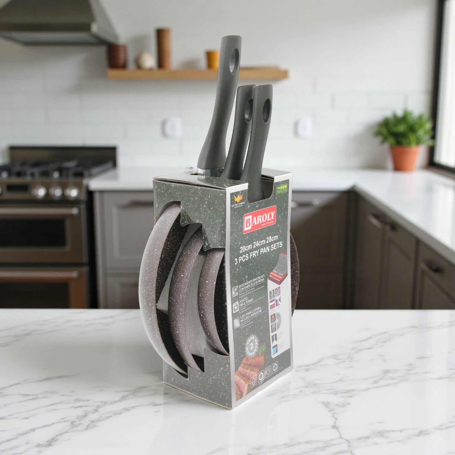 Baroly 3 Pcs Fry Pan Set (20cm, 24cm, 28cm) | Non-Stick Marble Coating | Induction & Oven Safe | Durable Aluminum Cookware with Soft-Touch Handles - Damoo