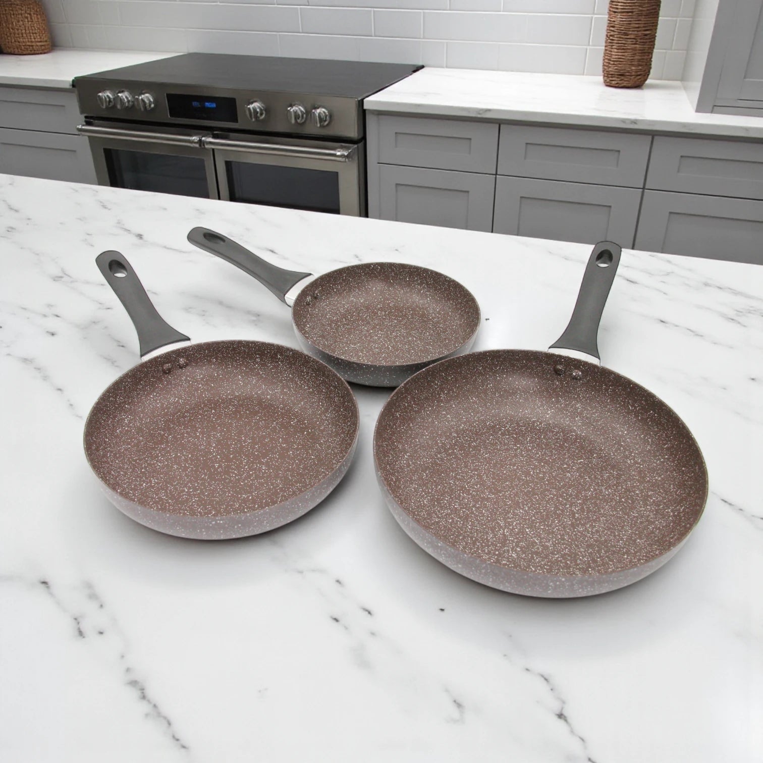 Baroly 3 Pcs Fry Pan Set (20cm, 24cm, 28cm) | Non-Stick Marble Coating | Induction & Oven Safe | Durable Aluminum Cookware with Soft-Touch Handles - Damoo