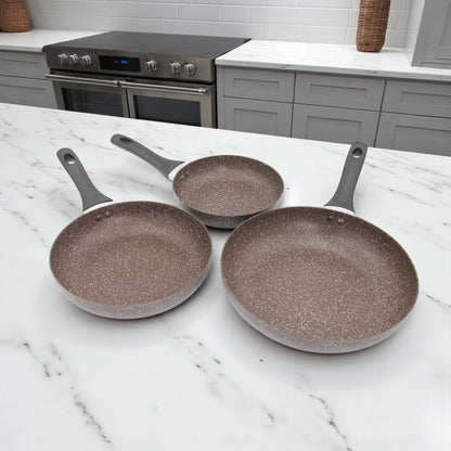 Baroly 3 Pcs Fry Pan Set (20cm, 24cm, 28cm) | Non-Stick Marble Coating | Induction & Oven Safe | Durable Aluminum Cookware with Soft-Touch Handles - Damoo