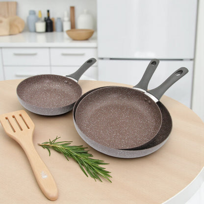 Baroly 3 Pcs Fry Pan Set (20cm, 24cm, 28cm) | Non-Stick Marble Coating | Induction & Oven Safe | Durable Aluminum Cookware with Soft-Touch Handles - Damoo