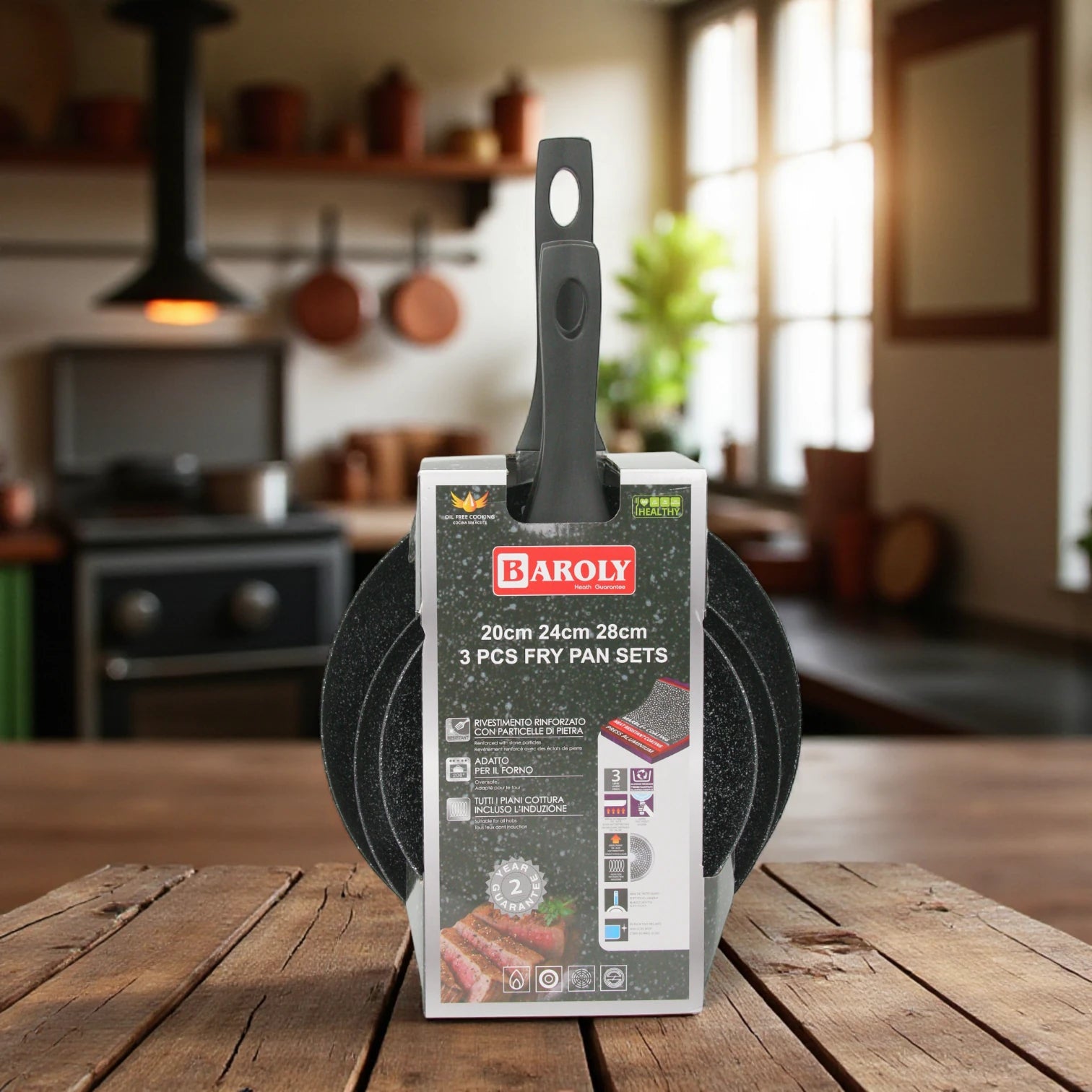 Baroly 3 Pcs Fry Pan Set (20cm, 24cm, 28cm) | Non-Stick Marble Coating | Induction & Oven Safe | Durable Aluminum Cookware with Soft-Touch Handles - Damoo