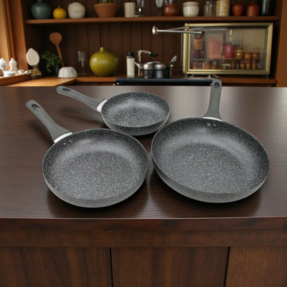 Baroly 3 Pcs Fry Pan Set (20cm, 24cm, 28cm) | Non-Stick Marble Coating | Induction & Oven Safe | Durable Aluminum Cookware with Soft-Touch Handles - Damoo