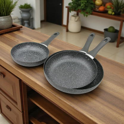 Baroly 3 Pcs Fry Pan Set (20cm, 24cm, 28cm) | Non-Stick Marble Coating | Induction & Oven Safe | Durable Aluminum Cookware with Soft-Touch Handles - Damoo