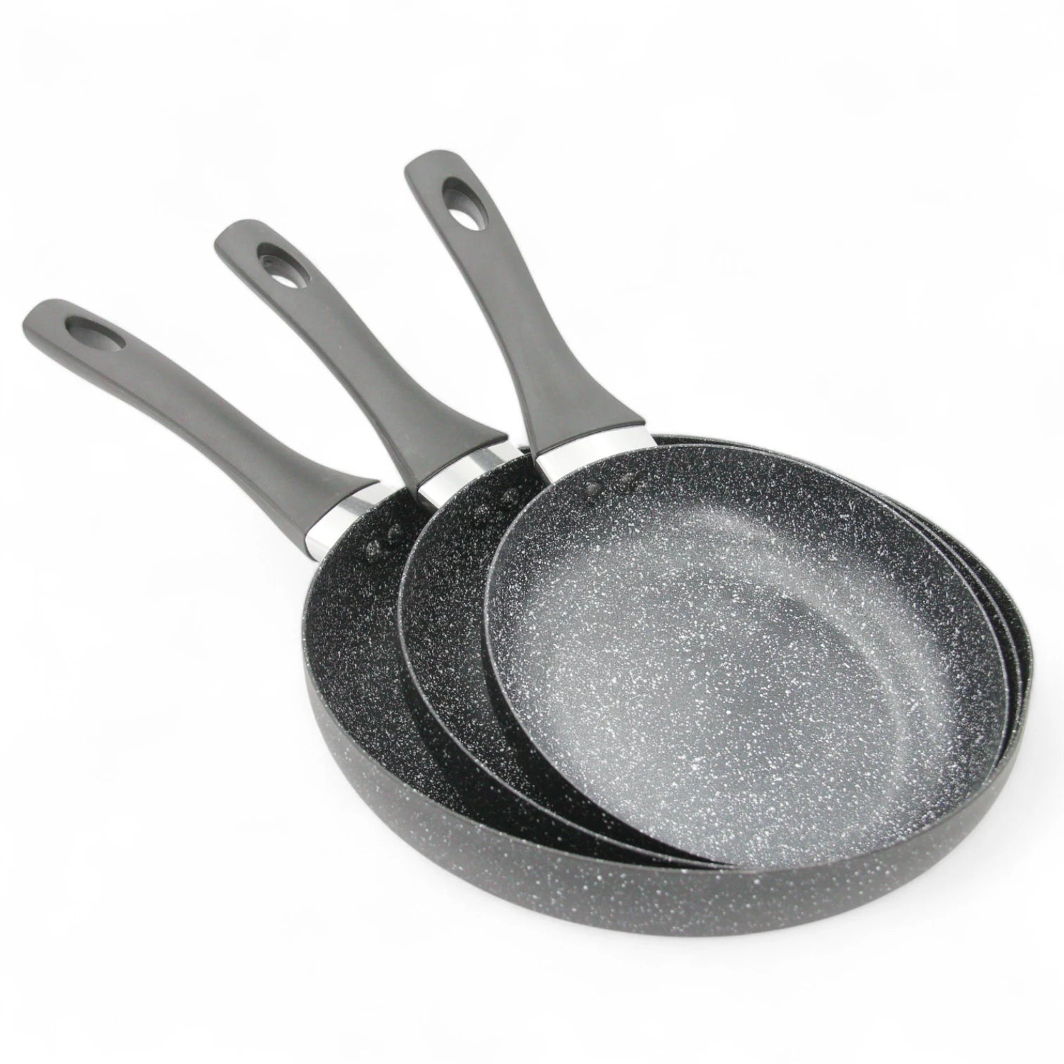 Baroly 3 Pcs Fry Pan Set (20cm, 24cm, 28cm) | Non-Stick Marble Coating | Induction & Oven Safe | Durable Aluminum Cookware with Soft-Touch Handles - Damoo