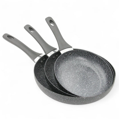 Baroly 3 Pcs Fry Pan Set (20cm, 24cm, 28cm) | Non-Stick Marble Coating | Induction & Oven Safe | Durable Aluminum Cookware with Soft-Touch Handles - Damoo