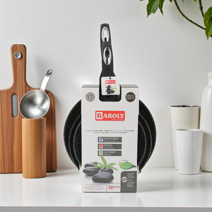 Baroly Stone Style Non-Stick Frying Pan Set | 3-Piece Cookware with Reinforced Mineral Coating | PFOA & Nickel Free | Works on All Stovetops (20cm, 24cm, 28cm) - Damoo
