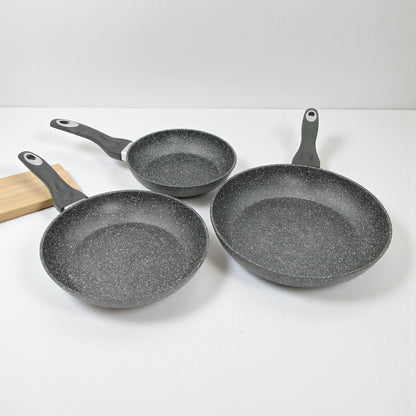 Baroly Stone Style Non-Stick Frying Pan Set | 3-Piece Cookware with Reinforced Mineral Coating | PFOA & Nickel Free | Works on All Stovetops (20cm, 24cm, 28cm) - Damoo
