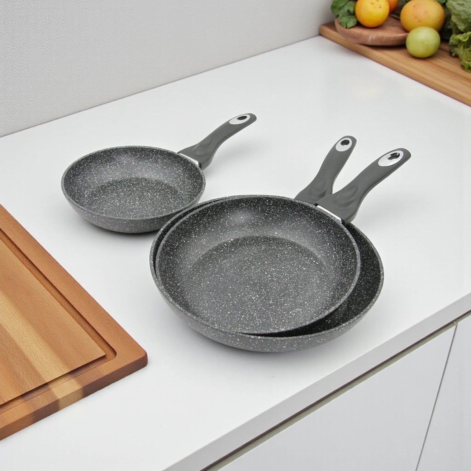 Baroly Stone Style Non-Stick Frying Pan Set | 3-Piece Cookware with Reinforced Mineral Coating | PFOA & Nickel Free | Works on All Stovetops (20cm, 24cm, 28cm) - Damoo