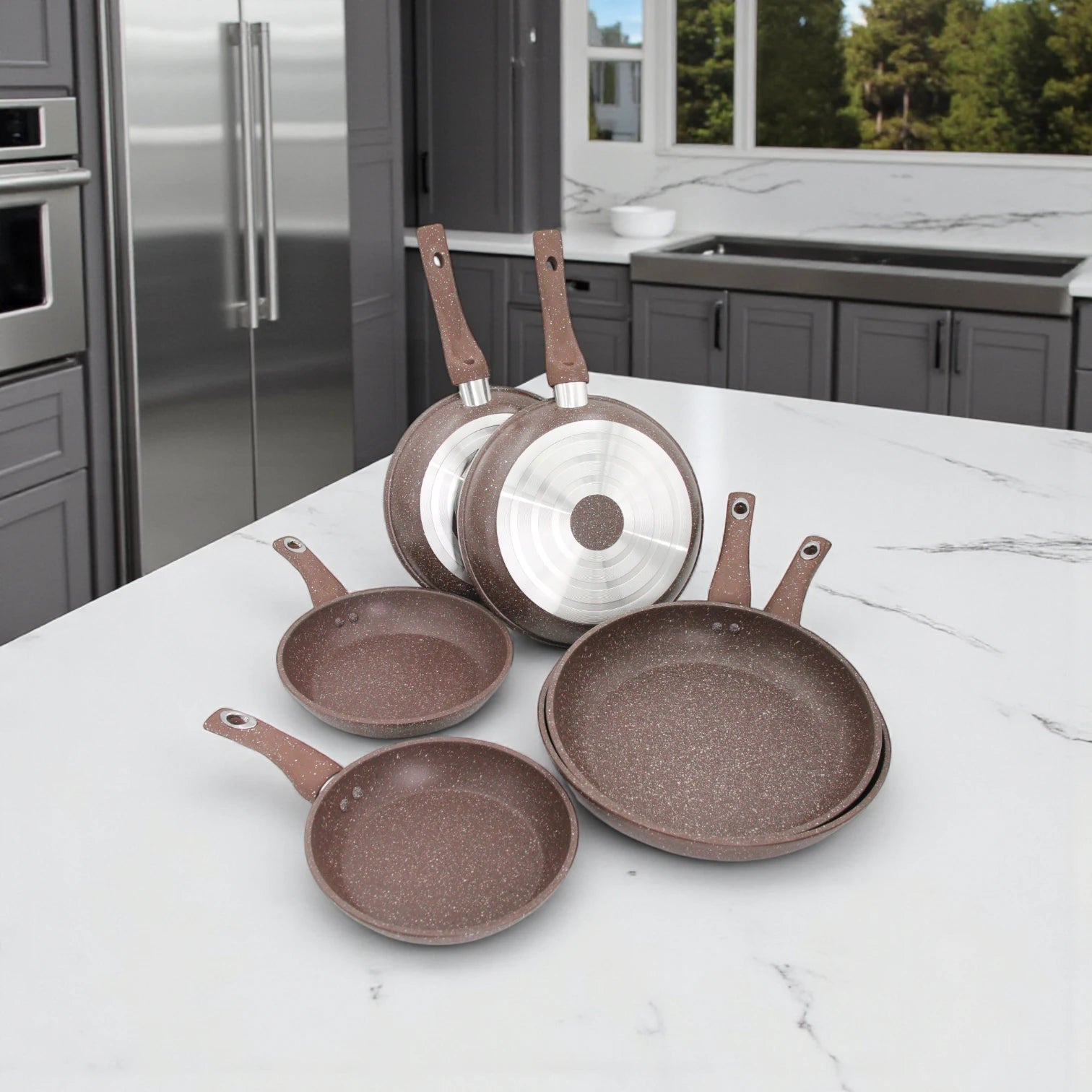 Crystal House Granit Line Fry Pan Set of 6 | Non-Stick Granite Coated Frying Pans | Durable Cookware (20cm – 30cm) - Damoo