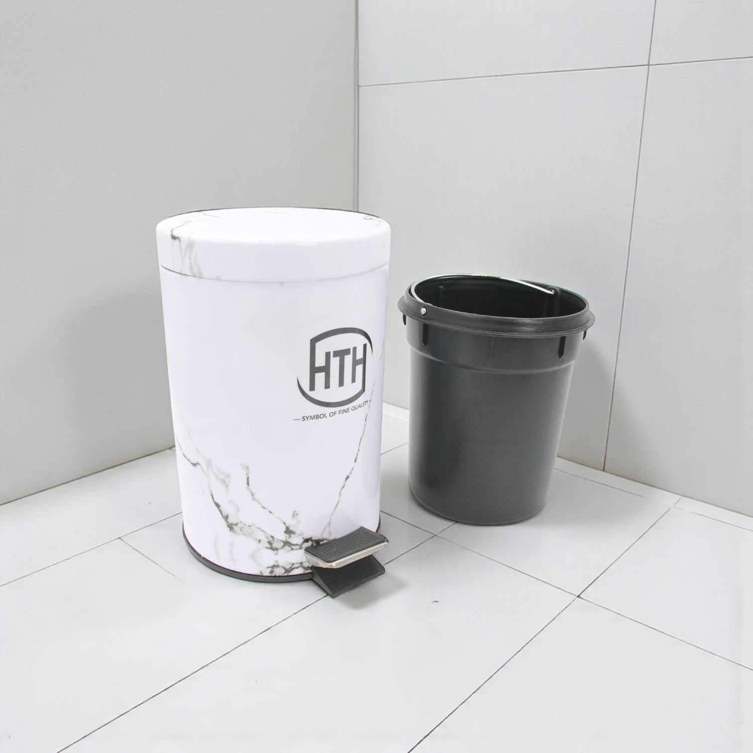 HTH Marble Design Pedal Bin with Inner Removable Bucket | Stylish Hygienic Waste Bin with Foot Pedal | Bathroom & Kitchen Trash Can – 12L