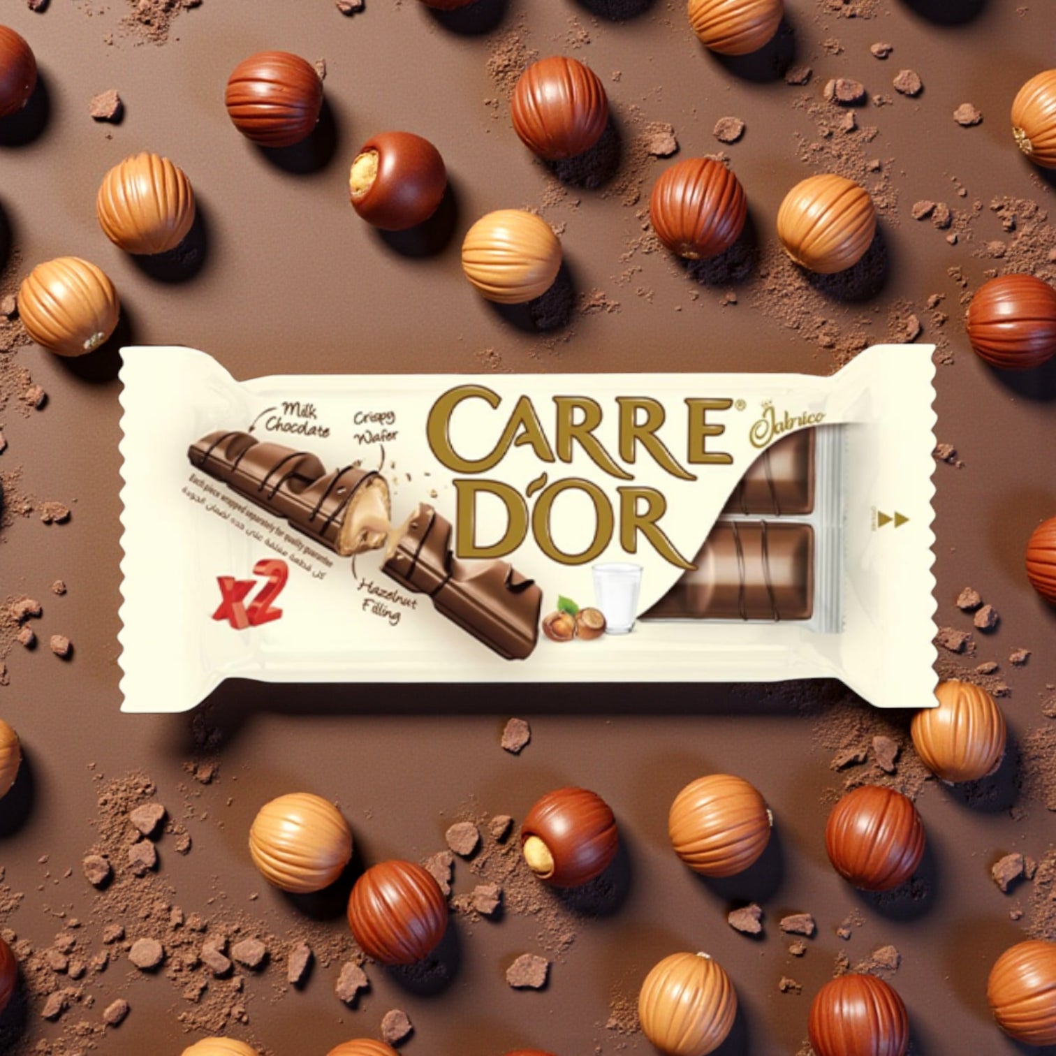 Carre D’Or Hazelnut Cream Chocolate Bar – Crispy Wafer with Milk Chocolate & Smooth Hazelnut Filling (2 Bars per Pack, 12 Pieces) - Damoo