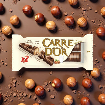 Carre D’Or Hazelnut Cream Chocolate Bar – Crispy Wafer with Milk Chocolate & Smooth Hazelnut Filling (2 Bars per Pack, 12 Pieces) - Damoo
