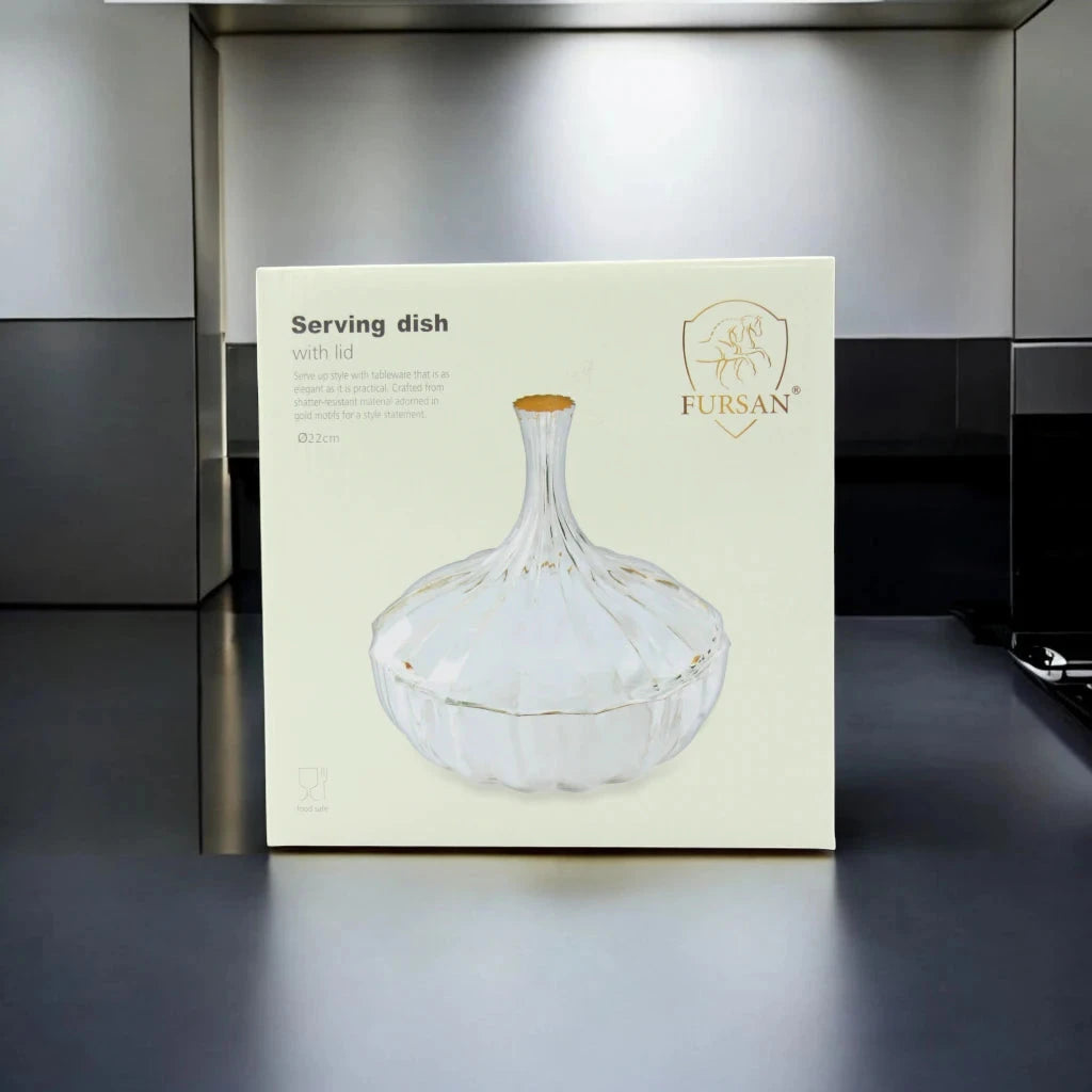 Elegant Serving Dish with Lid – 22cm | Shatter-Resistant | Gold Motif Design | Premium Tableware for Dining & Entertaining - Damoo