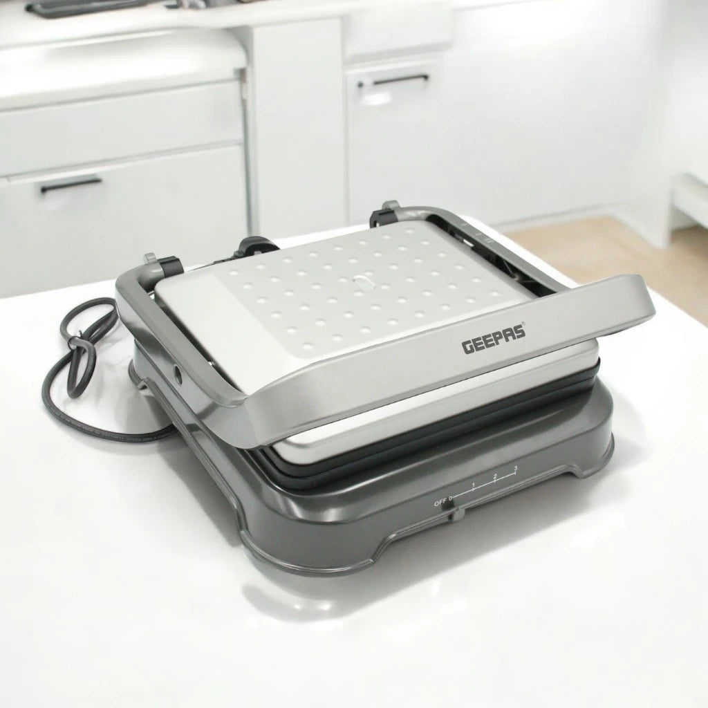Geepas Grill Maker – Stainless Steel Electric with Non-Stick Plates, Opens Flat 180°, Adjustable Temperature & Timer, 2000W , Cool-Touch Handle, Floating Hinge, 4-Slice Capacity, Ideal for Grilling Burgers, Steaks, Veggies, and More – GGM36539 - Damoo