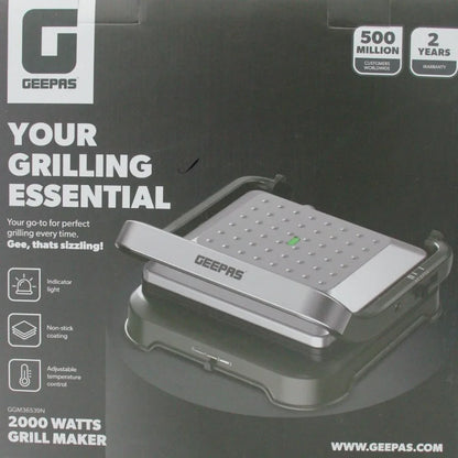 Geepas Grill Maker – Stainless Steel Electric with Non-Stick Plates, Opens Flat 180°, Adjustable Temperature & Timer, 2000W , Cool-Touch Handle, Floating Hinge, 4-Slice Capacity, Ideal for Grilling Burgers, Steaks, Veggies, and More – GGM36539 - Damoo