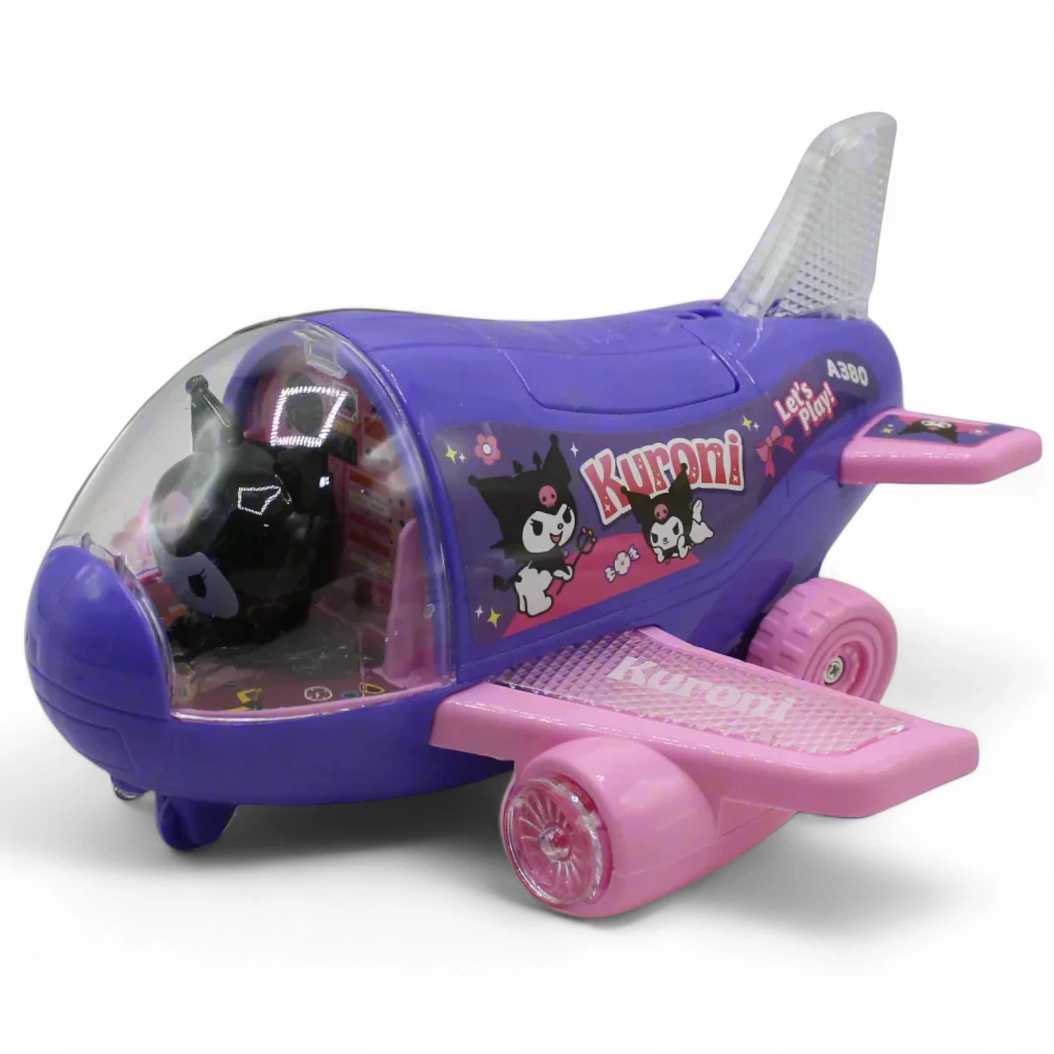 Kuromi Stunt Airplane Toy with Lights & Music – 360° Rotation, Automatic Lifting & Lowering, Battery Operated Airplane for Kids