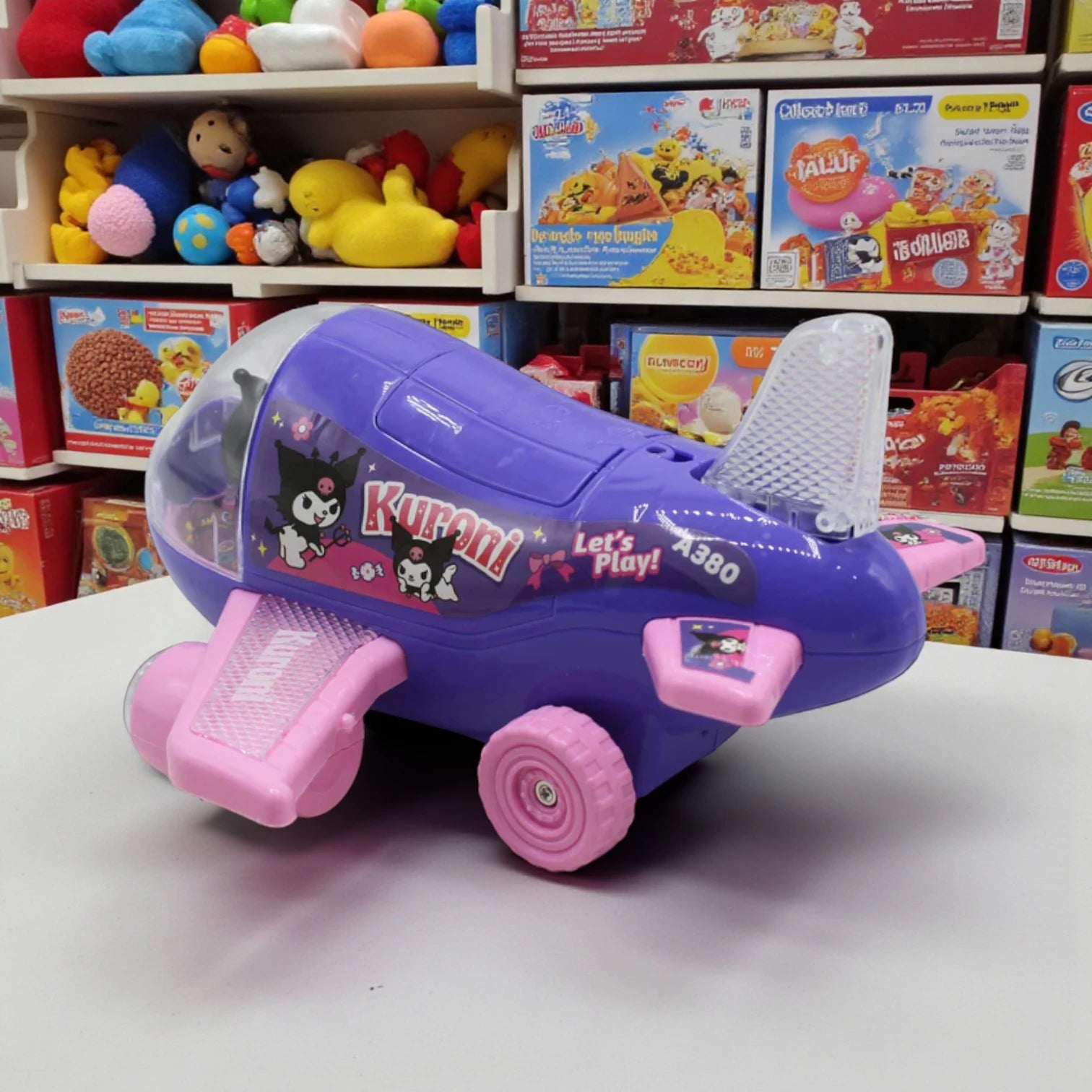 Kuromi Stunt Airplane Toy with Lights & Music – 360° Rotation, Automatic Lifting & Lowering, Battery Operated Airplane for Kids