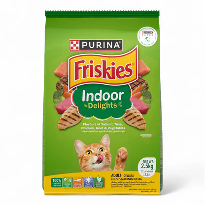 FRISKIES® Adult Indoor Delights Dry Cat Food 2.5 KG – Salmon, Tuna, Chicken, Beef & Vegetables Flavour | Complete Balanced Nutrition | No Artificial Additives - Damoo