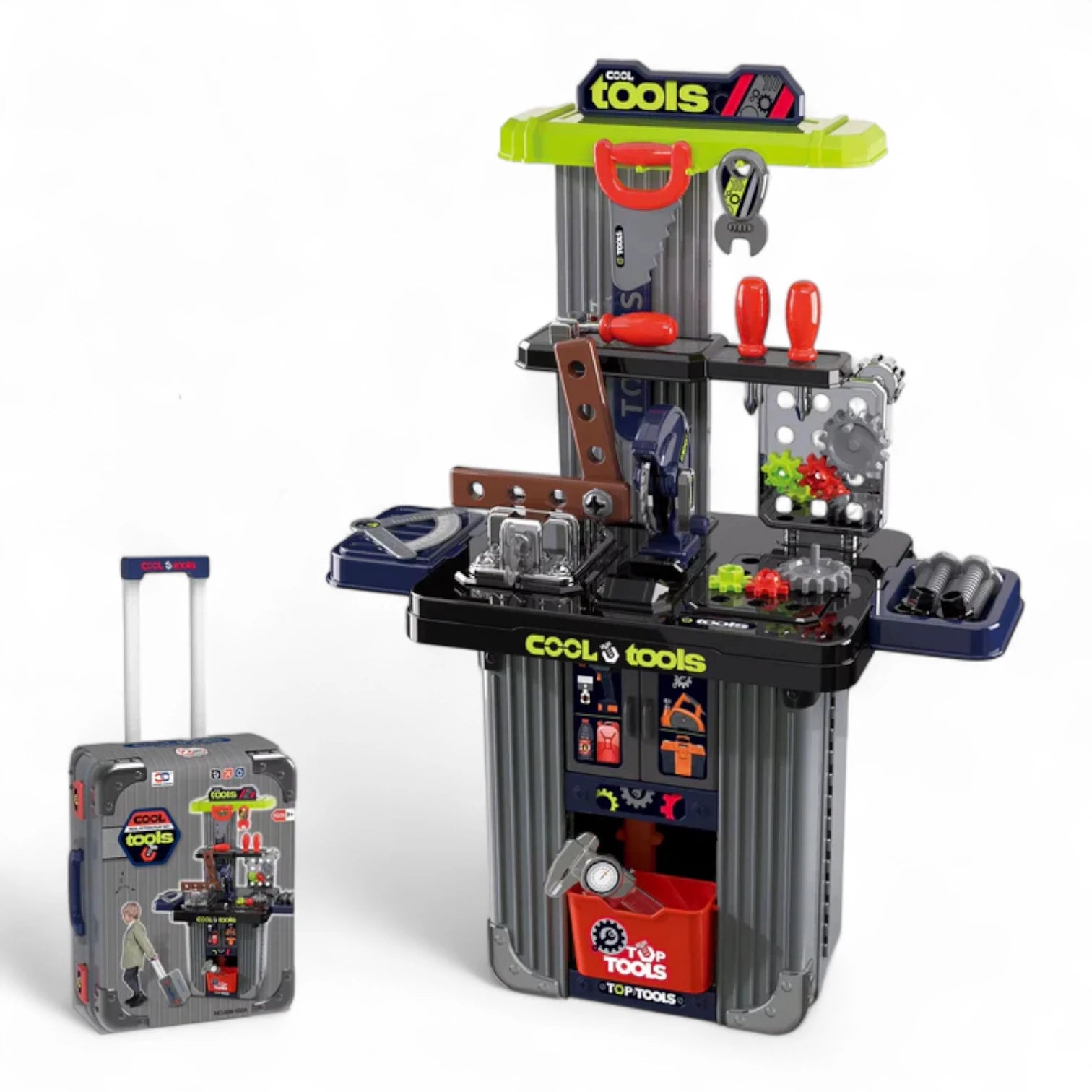 Xiong Cheng Cool Tools Real Action Play Set  | Kids 2-in-1 Tool Workbench & Portable Suitcase | Construction Toy with Gears & Accessories for Children 3+