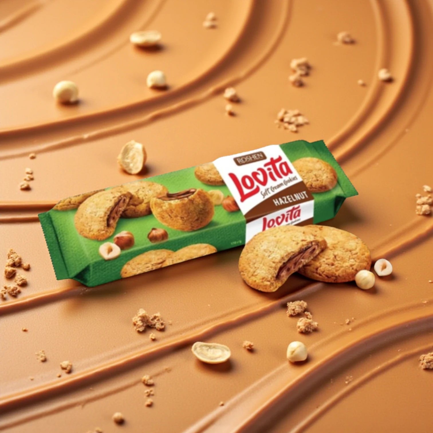 Roshen Lovita Soft Cream Cookies – Hazelnut 3 x 127g Packs | Rich Hazelnut Cream Filling | Halal Certified | No Preservatives or Food Colors | Premium Ukrainian Snack - Damoo