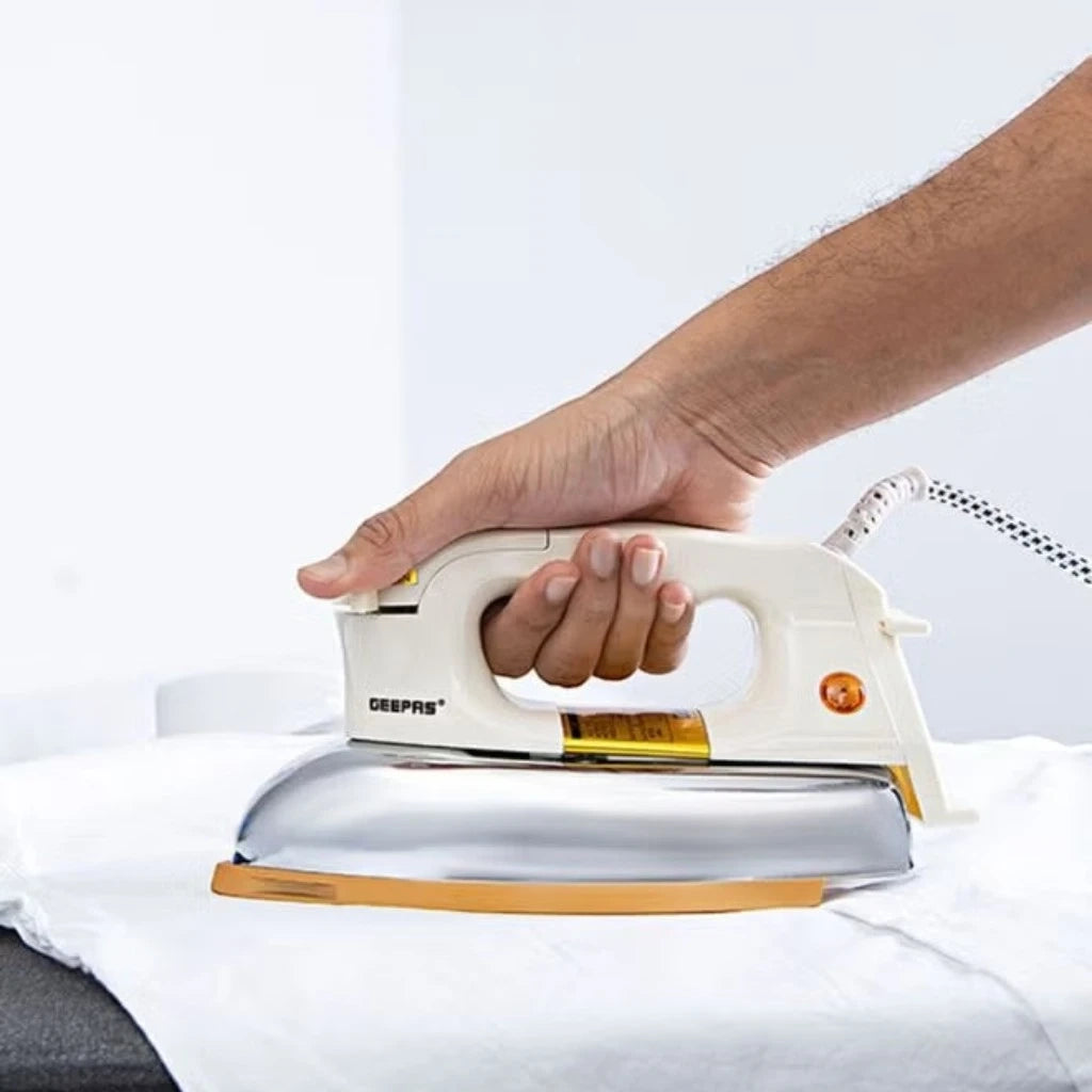 Geepas 1200W Heavyweight Dry Iron with Teflon Soleplate – Auto Shut-Off, Overheat Protection, Adjustable Temperature Dial, Fabric Guide & Anti-Shock Handle | 2.5kg Heavy Dry Iron for Tough Fabrics - GDI2780 - Damoo