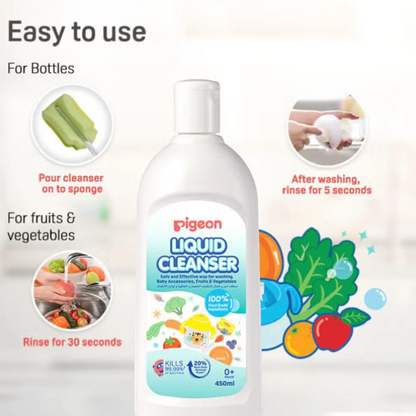Pigeon Liquid Cleanser for Baby Accessories, Fruits & Vegetables – 450ml | Kills 99.99% Bacteria, Food Grade, Safe for Newborn Use (0+ Months) - Damoo