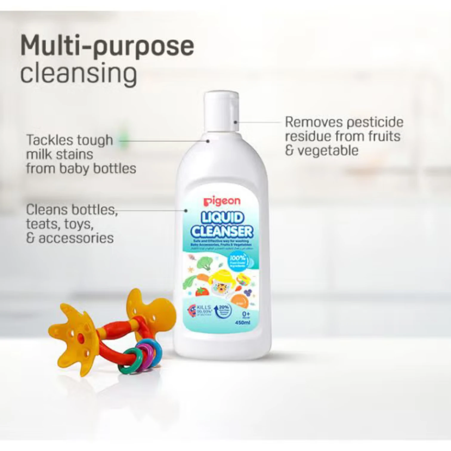 Pigeon Liquid Cleanser for Baby Accessories, Fruits & Vegetables – 450ml | Kills 99.99% Bacteria, Food Grade, Safe for Newborn Use (0+ Months) - Damoo
