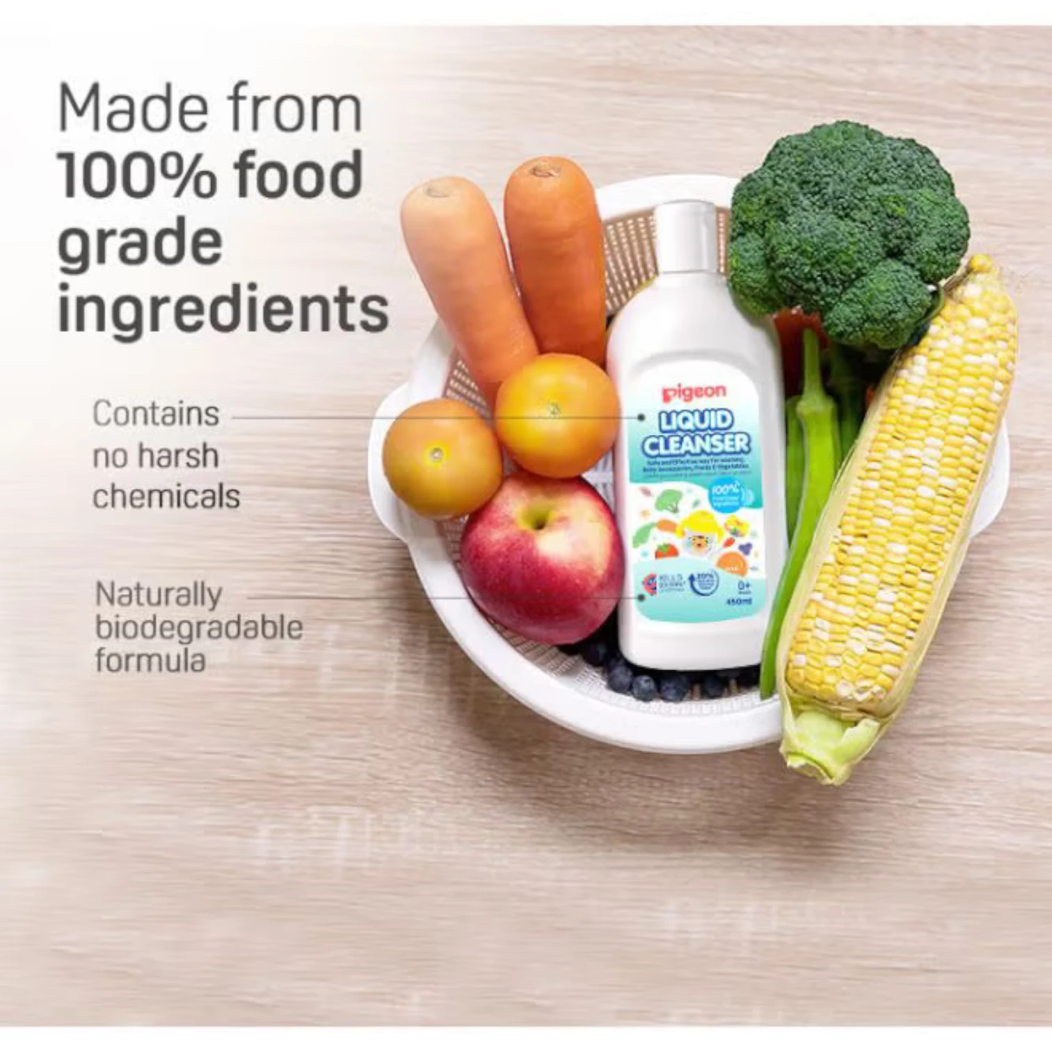 Pigeon Liquid Cleanser for Baby Accessories, Fruits & Vegetables – 450ml | Kills 99.99% Bacteria, Food Grade, Safe for Newborn Use (0+ Months) - Damoo