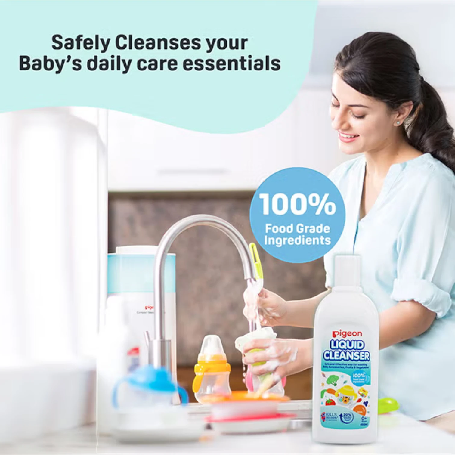 Pigeon Liquid Cleanser for Baby Accessories, Fruits & Vegetables – 450ml | Kills 99.99% Bacteria, Food Grade, Safe for Newborn Use (0+ Months) - Damoo