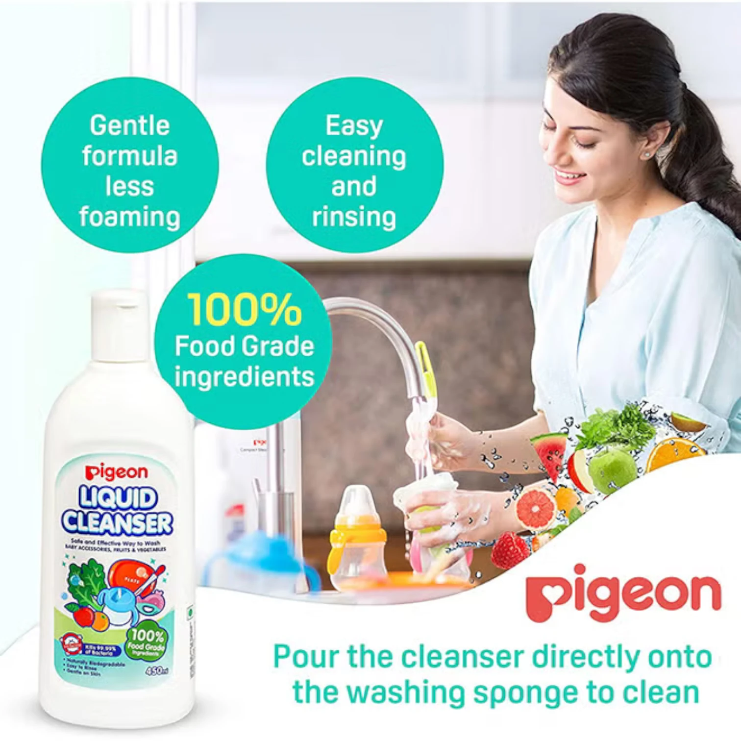 Pigeon Liquid Cleanser for Baby Accessories, Fruits & Vegetables – 450ml | Kills 99.99% Bacteria, Food Grade, Safe for Newborn Use (0+ Months) - Damoo