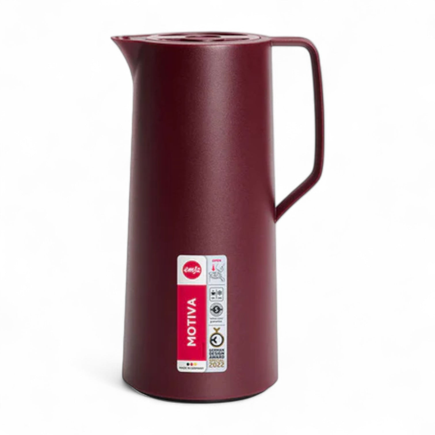 Emsa Motiva Vacuum Jug 1L – Wine Red | Nordic Design Insulated Flask with Quick-Press Closure – Keeps Drinks Hot for 12 Hours & Cold for 24 Hours | Made in Germany - Damoo