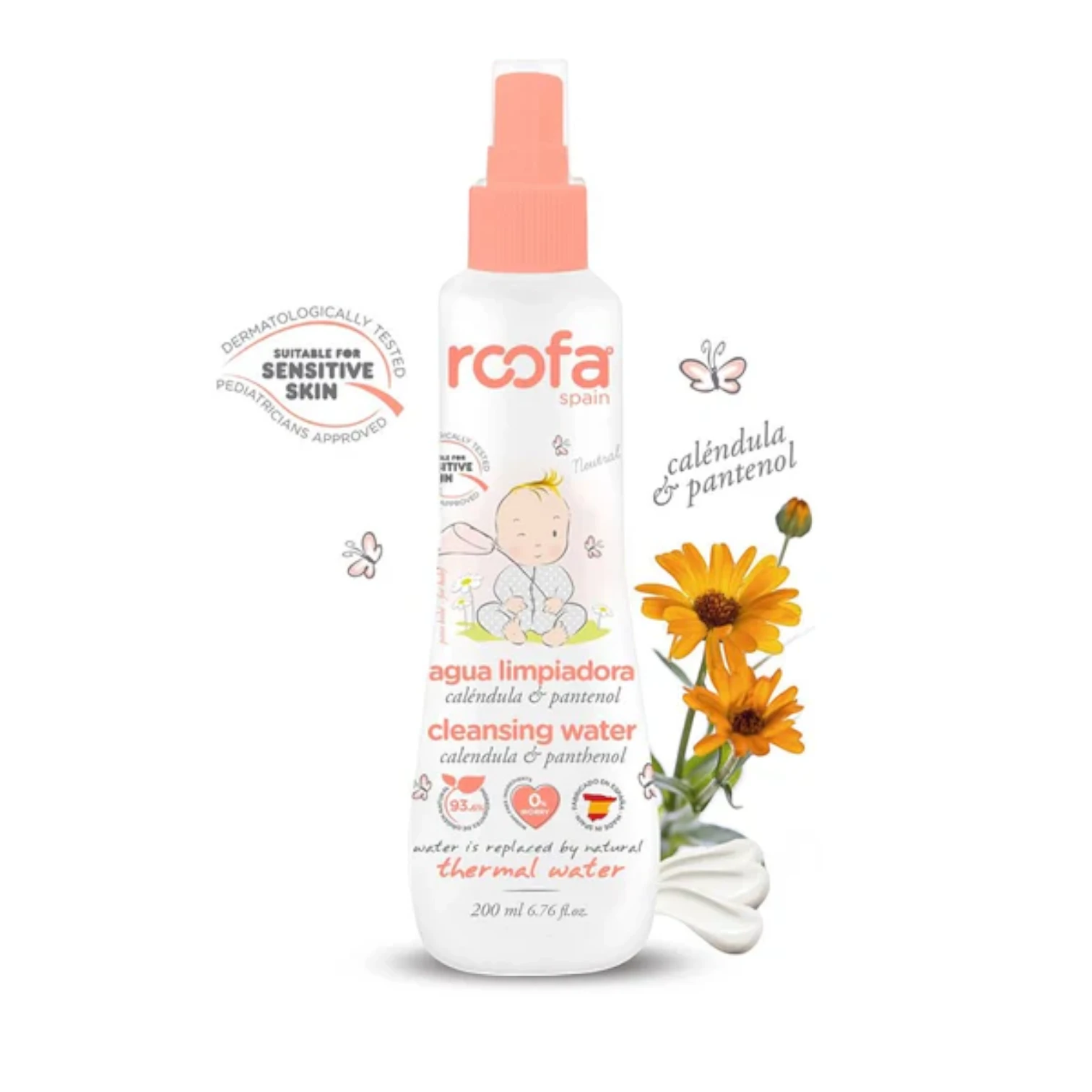 Roofa Natural Cleansing Water 200ml – Alcohol-Free Baby Cleanser with Thermal Spring Water, Calendula & Panthenol | Deep Cleansing & Hydrating for Sensitive Skin - Damoo