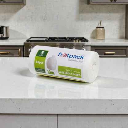 Hotpack White Dustbin Liners Small Size (45 × 55 cm) – 5 Gallon Trash Bags, 50 Pieces (Special Offer 4 Rolls) - Damoo