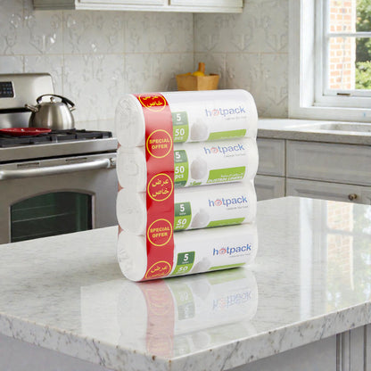 Hotpack White Dustbin Liners Small Size (45 × 55 cm) – 5 Gallon Trash Bags, 50 Pieces (Special Offer 4 Rolls) - Damoo