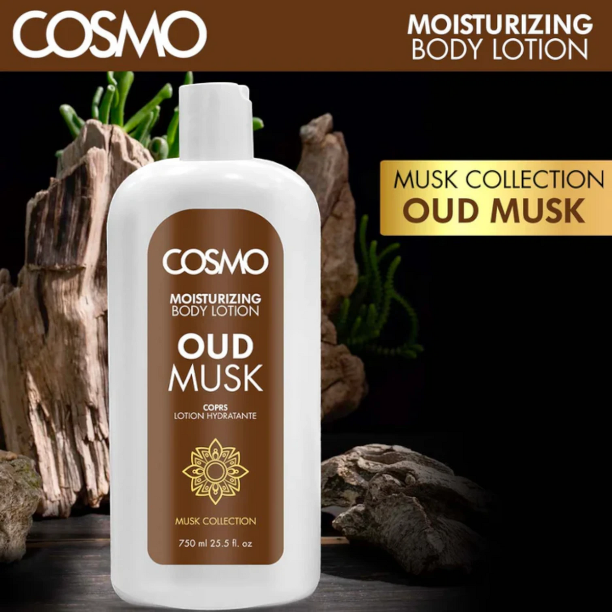 COSMO Oud Musk Moisturizing Body Lotion 750ml | Luxurious Hydrating Lotion with Natural Extracts, Vitamins & Minerals, Captivating Oud Fragrance for Men & Women - Damoo