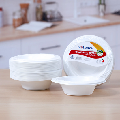 Hotpack 12 oz Plastic Bowls (25 Pcs) – Deeper & Thicker Recyclable PP Bowls, Food-Grade Disposable Bowls Made in UAE - Damoo