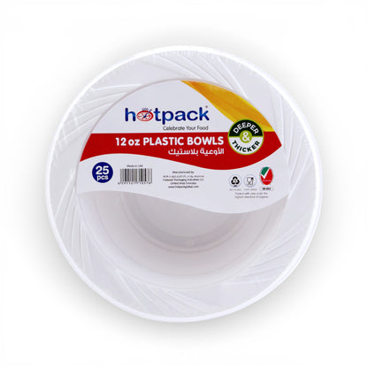 Hotpack 12 oz Plastic Bowls (25 Pcs) – Deeper & Thicker Recyclable PP Bowls, Food-Grade Disposable Bowls Made in UAE - Damoo