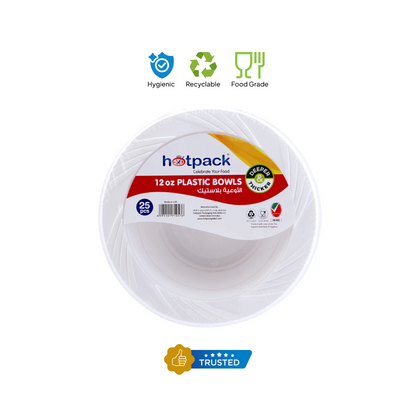 Hotpack 12 oz Plastic Bowls (25 Pcs) – Deeper & Thicker Recyclable PP Bowls, Food-Grade Disposable Bowls Made in UAE - Damoo