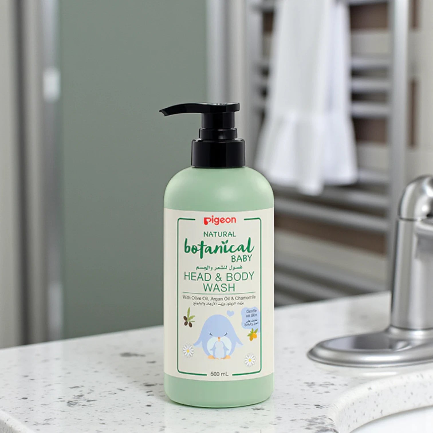 Pigeon Natural Botanical Baby Head & Body Wash 500ml – 2-in-1 Gentle Cleanser with Argan, Olive & Chamomile | Hypoallergenic & Tear-Free - Damoo