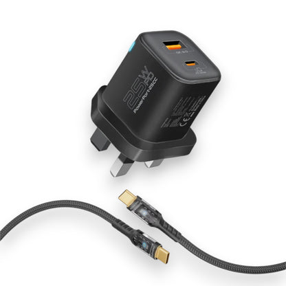 Promate 25W Dual Port Fast Charger Adapter Combo with 60W USB-C Braided Cable | Power Delivery & Quick Charge 3.0 | Dual USB-C Output for Smartphones, Tablets & All USB-C Devices | 120cm Cable Included – Black