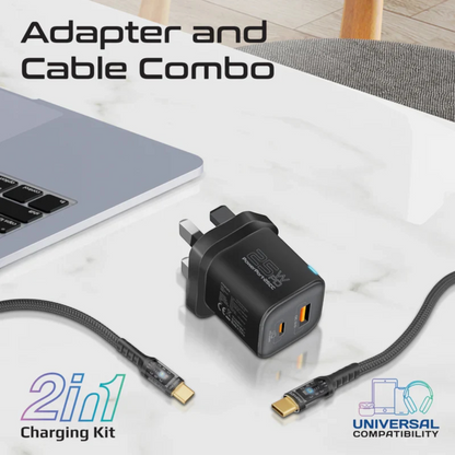 Promate 25W Dual Port Fast Charger Adapter Combo with 60W USB-C Braided Cable | Power Delivery & Quick Charge 3.0 | Dual USB-C Output for Smartphones, Tablets & All USB-C Devices | 120cm Cable Included – Black
