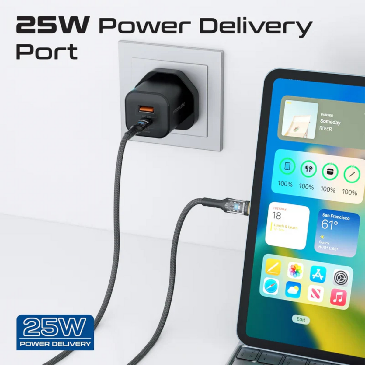 Promate 25W Dual Port Fast Charger Adapter Combo with 60W USB-C Braided Cable | Power Delivery & Quick Charge 3.0 | Dual USB-C Output for Smartphones, Tablets & All USB-C Devices | 120cm Cable Included – Black
