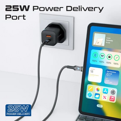 Promate 25W Dual Port Fast Charger Adapter Combo with 60W USB-C Braided Cable | Power Delivery & Quick Charge 3.0 | Dual USB-C Output for Smartphones, Tablets & All USB-C Devices | 120cm Cable Included – Black