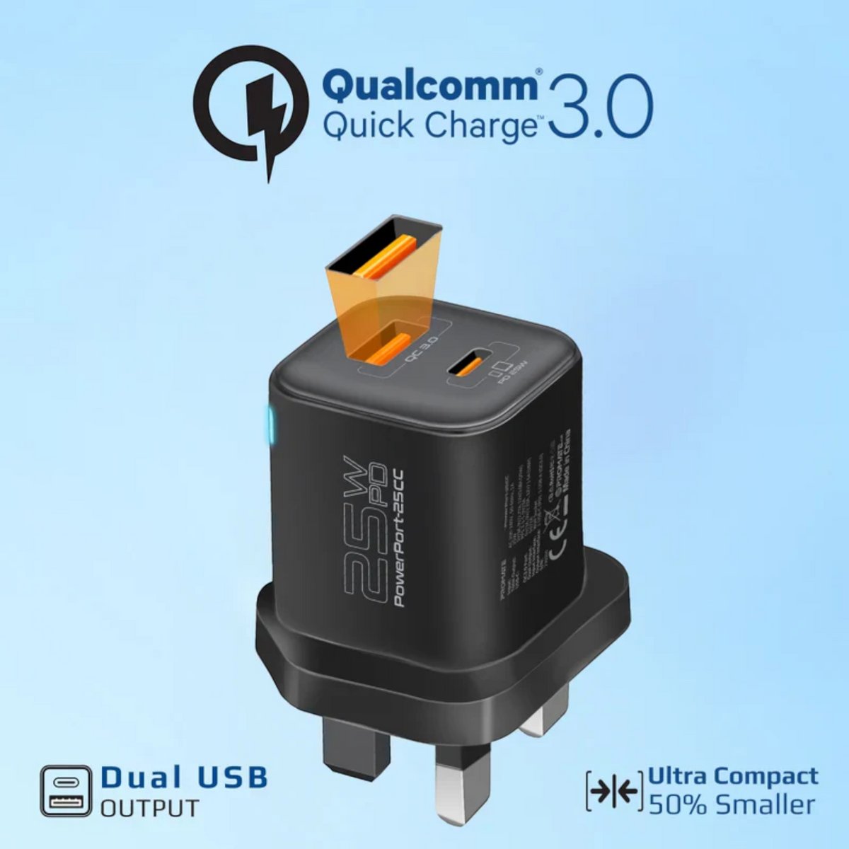 Promate 25W Dual Port Fast Charger Adapter Combo with 60W USB-C Braided Cable | Power Delivery & Quick Charge 3.0 | Dual USB-C Output for Smartphones, Tablets & All USB-C Devices | 120cm Cable Included – Black
