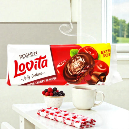 Roshen Lovita Cookies with Cherry Jelly Filling 135g (4.76 oz) – Cocoa Cookies with Sweet & Tart Cherry Center, Soft Biscuit Snack Treat - Damoo