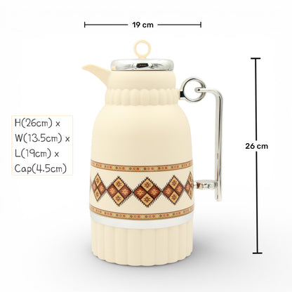 Traditional Arabic Tea Flask 1 Liter – Double Wall Insulated Glass Liner Zamzamiyah with Handle, Heritage Pattern Thermal Hot Beverage Jug, Available in Two Designs - Damoo
