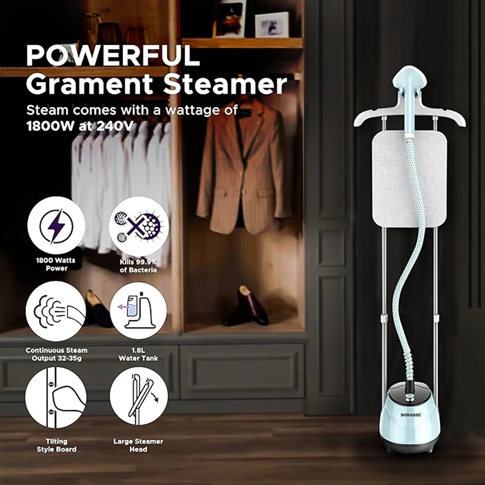 Sonashi SGS-325 Garment Steamer 1800W – Heavy-Duty Fabric Steamer with 1.8L Water Tank, Auto Shut-Off, Overheat Protection, Traditional Ironing Platform & Full Accessories for Home and Professional Use - Damoo