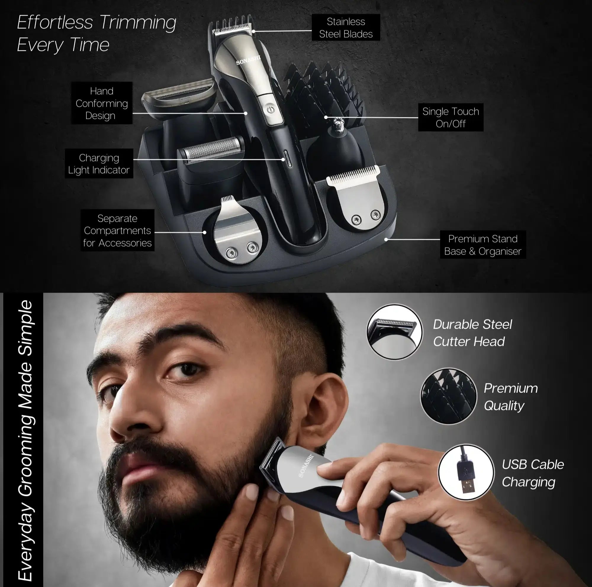 Sonashi 15-in-1 Rechargeable Hair Clipper & Grooming Kit – Stainless Steel Blades, Cordless & Corded Use, 9 Guide Combs, Full-Size & Nose Trimmer, 120min Runtime, USB Charging – With Stand & Accessories - SHC-1027N - Damoo