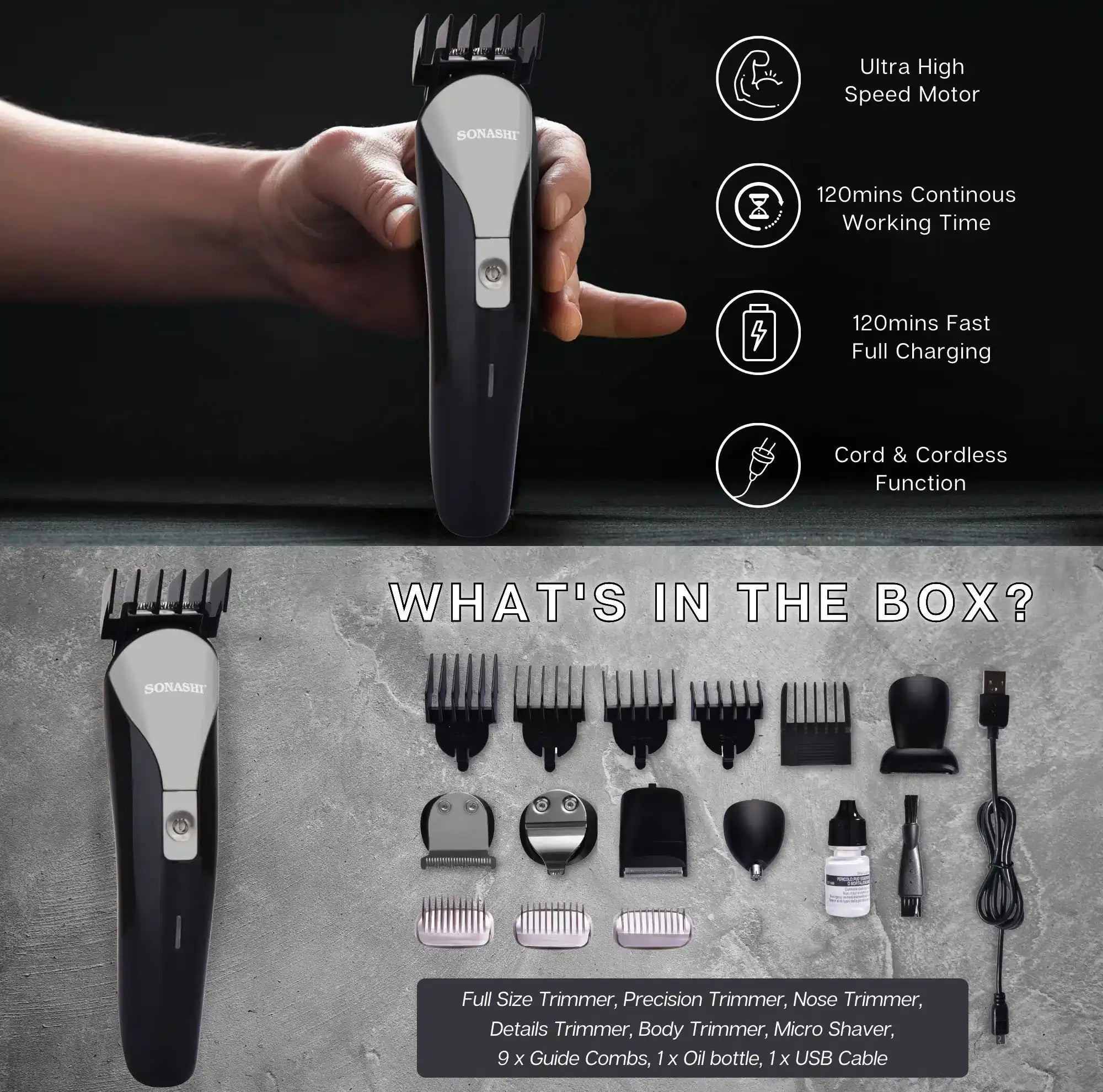Sonashi 15-in-1 Rechargeable Hair Clipper & Grooming Kit – Stainless Steel Blades, Cordless & Corded Use, 9 Guide Combs, Full-Size & Nose Trimmer, 120min Runtime, USB Charging – With Stand & Accessories - SHC-1027N - Damoo